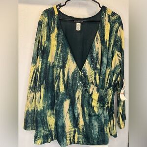 Jones New York Artistic Green and Yellow Blouse